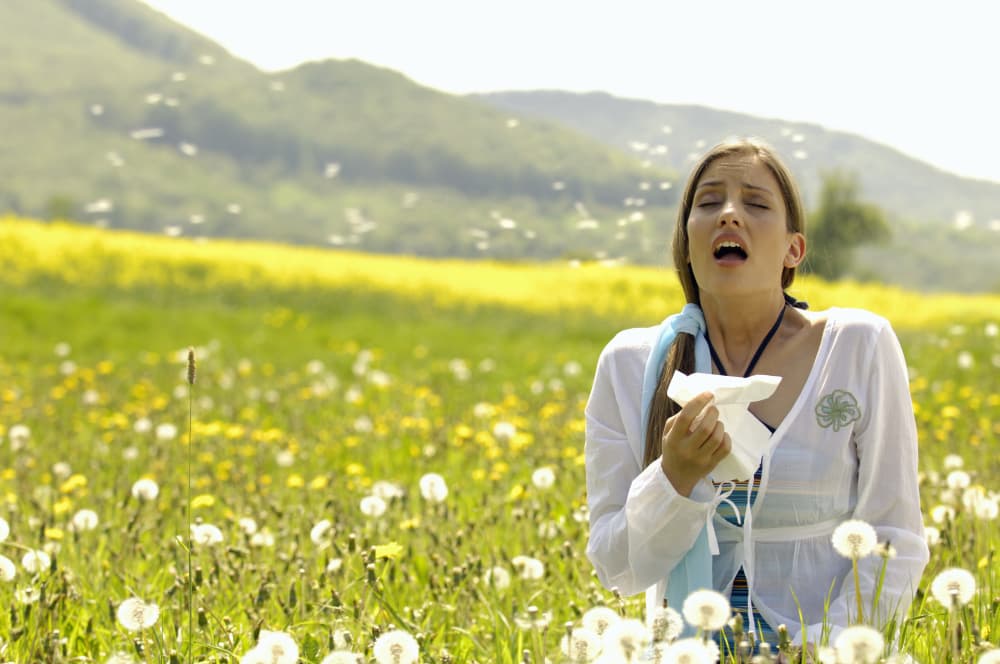 Eine Frau stand in einem Feld voller Blumen und war kurz davor zu niesen, weil sie eine Heuschnupfenallergie hatte